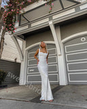 White Square Sleeveless Sheath Floor Length Prom Dress,SWS2247