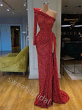 Red Sparkly One Shoulder Side Slit Mermaid Floor Length  Prom Dress,SWS2277