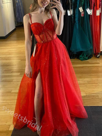 Red Sweetheart Sleeveless Side Slit A-line Long Floor Length Prom Dress,SWS2327