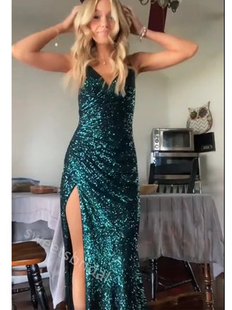Sparkly V-neck Sleeveless Side Slit Mermaid Floor Length  Prom Dress,SWS2297