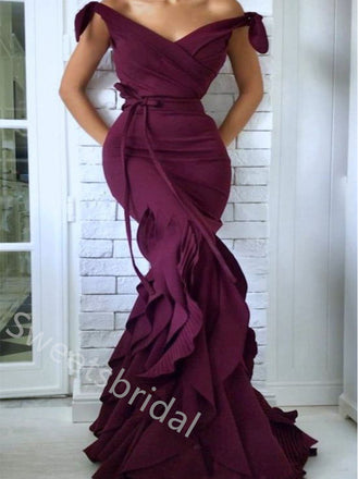 Elegant V-neck Ruffle Sleeveless Mermaid Long Prom Dress,SWS2040