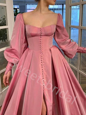 Elegant Square Long sleeves Side slit A-line Long Prom Dress,SW1995