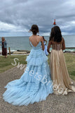 Blue Elegant V-neck Sleeveless A-line Long Prom Dress,SW2022