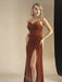 Brown V-neck Side Slit Sheath Long Bridesmaid Dresses, SWE1420