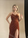 Brown V-neck Side Slit Sheath Long Bridesmaid Dresses, SWE1420