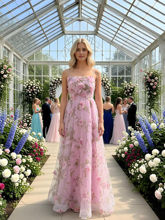 Cute Pink Colorful Sleeveless Floral A-Line Floor Length Prom Party Dress,SWS2595