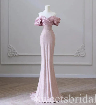 Pink Sparkly Off Shoulder Mermaid Floor Length Prom Dress,SWS2428
