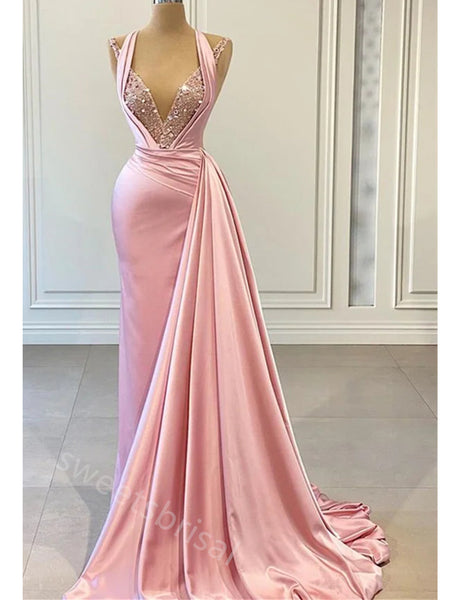 Gummy Pink Halter Sleeveless Mermaid Floor Length Prom Dress,SWS2210