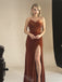 Brown V-neck Side Slit Sheath Long Bridesmaid Dresses, SWE1420