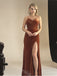 Brown V-neck Side Slit Sheath Long Bridesmaid Dresses, SWE1420