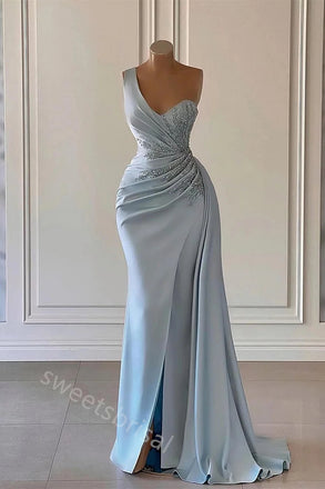 Baby Blue One Shoulder Sleeveless Mermaid Floor Length Prom Dress,SWS2211