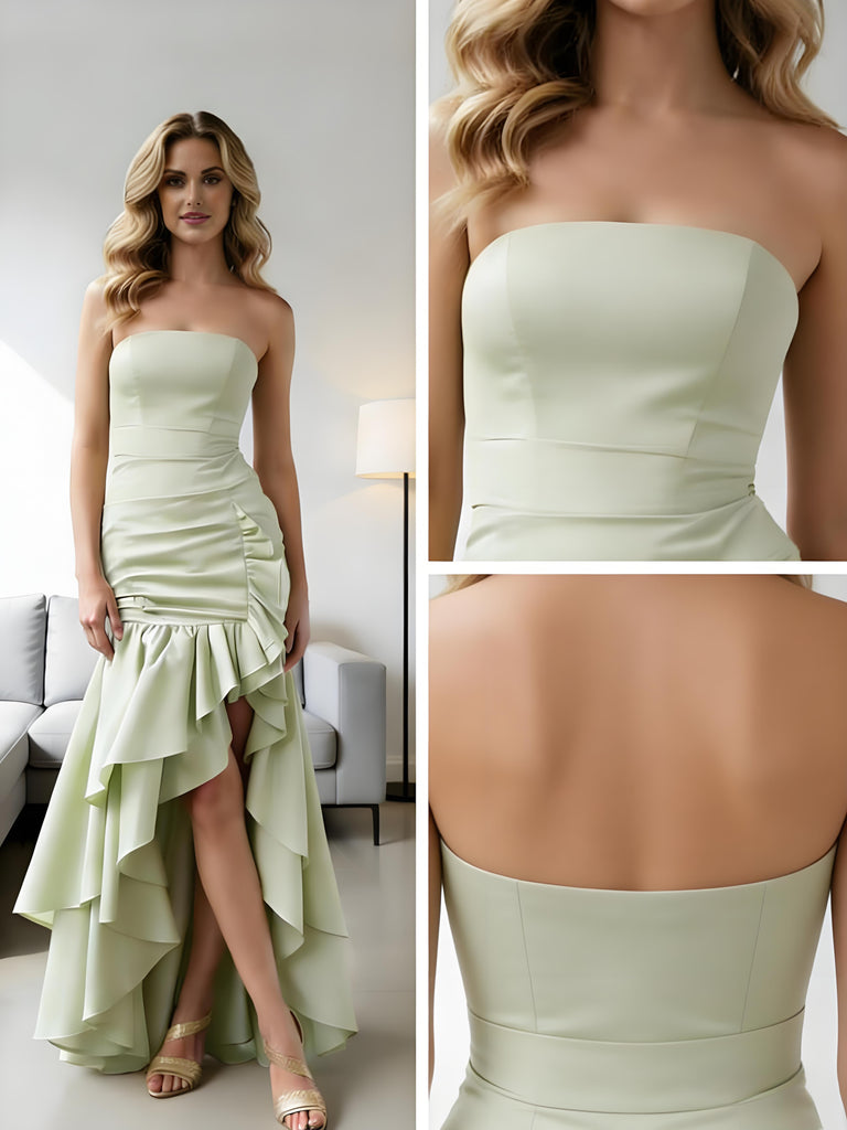 Mint Green Strapless Asymmetric Ruffle Gown Mermaid Long Prom Party Dress,SWS2619