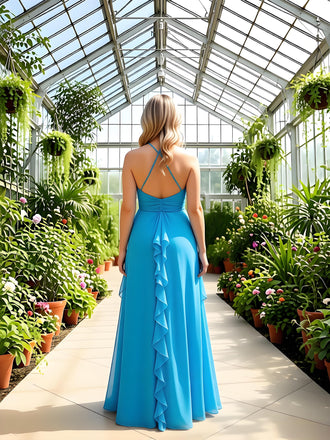 Elegant Halter Ruffles Sleeveless A-Line Floor Length Prom Party Dress,SWS2592