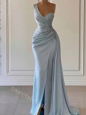 Baby Blue One Shoulder Sleeveless Mermaid Floor Length Prom Dress,SWS2211
