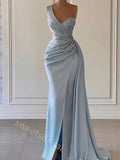 Baby Blue One Shoulder Sleeveless Mermaid Floor Length Prom Dress,SWS2211