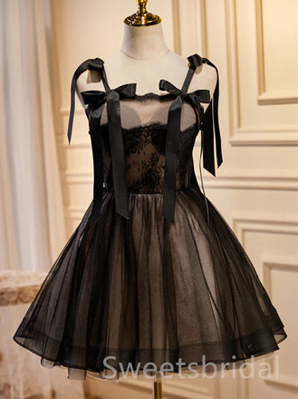 Black Elegant Bow knot Sleeveless A-line Short Mini Homecoming Dress, BTW358