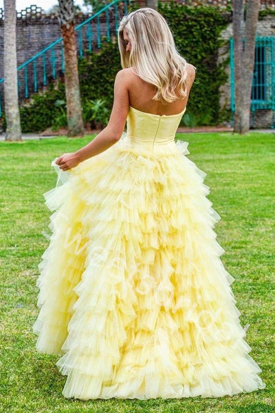 Yellow Elegant Strapless Sleeveless A-line Long Prom Dress,SW2025