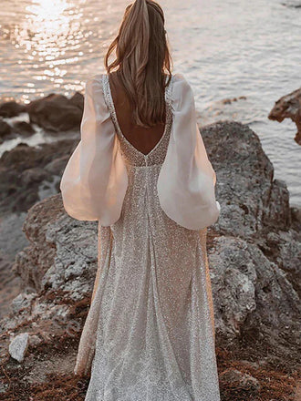 Sexy Deep V-neck Long Sleeves Floor Length Prom Dress,SWS2170
