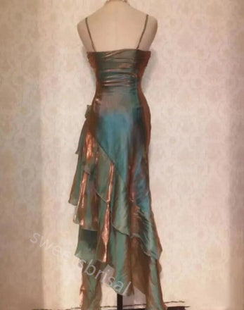 Sparkly Spaghetti Straps Sleeveless Ruffle Sheath Prom Dress,SWS2212