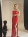 Red One Shoulder Side Slit Sheath Long Bridesmaid Dresses, SWE1422