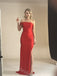 Red One Shoulder Side Slit Sheath Long Bridesmaid Dresses, SWE1422