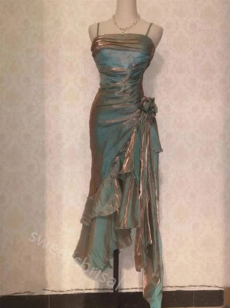 Sparkly Spaghetti Straps Sleeveless Ruffle Sheath Prom Dress,SWS2212