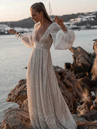 Sexy Deep V-neck Long Sleeves Floor Length Prom Dress,SWS2170