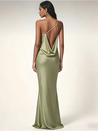 Elegant One Shoulder Sleeveless Satin Mermaid Long Bridesmaid Dresses, SWE1464