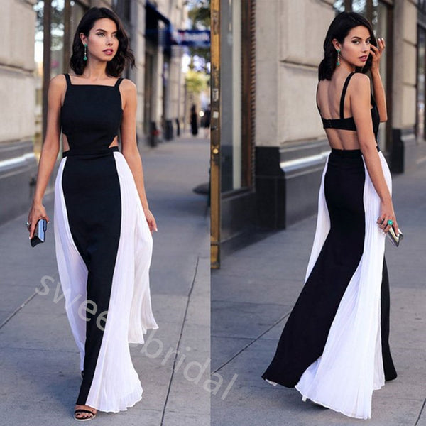 Black and White Sleeveless Simple Floor Length Prom Dress,SWS2270
