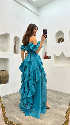 Sexy Off shoulder Sleeveless Ruffle A-line Floor length Prom Dress,SWS2164