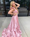 Gummy Pink V-neck Sleeveless Ruffle Side Slit A-line Floor Length Prom Dress,SWS2216