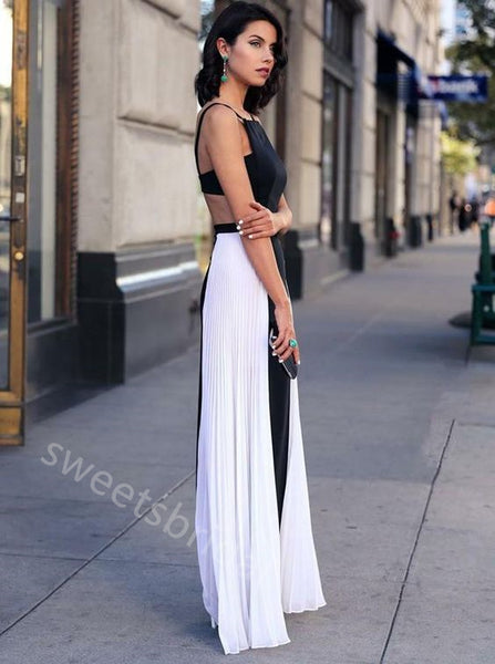 Black and White Sleeveless Simple Floor Length Prom Dress,SWS2270