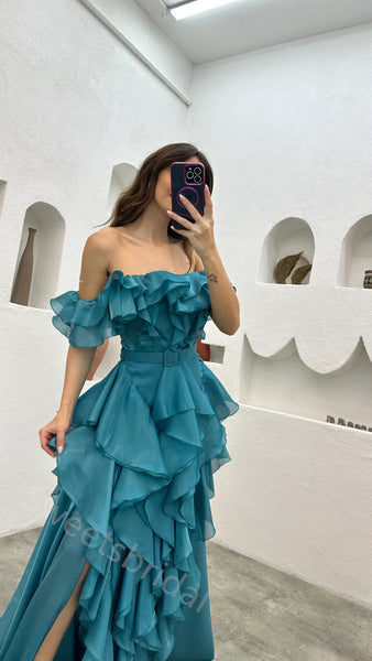 Sexy Off shoulder Sleeveless Ruffle A-line Floor length Prom Dress,SWS2164