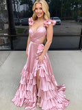 Gummy Pink V-neck Sleeveless Ruffle Side Slit A-line Floor Length Prom Dress,SWS2216