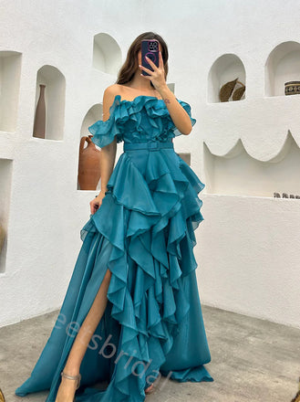 Sexy Off shoulder Sleeveless Ruffle A-line Floor length Prom Dress,SWS2164