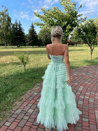 Sexy Strapess Sleeveless Ruffle A-line Floor length Prom Dress,SWS2165