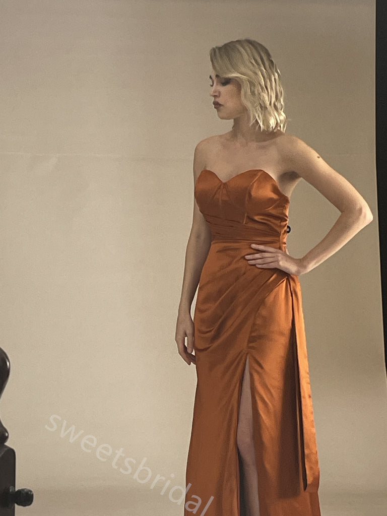 Burnt Orange Sweetheart Side Slit Sheath Long Bridesmaid Dresses, SWE1424