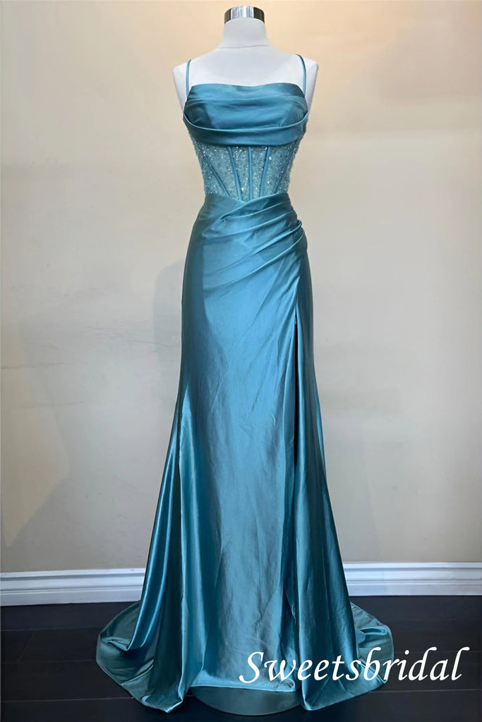 Elegant Spaghetti Straps Sleeveless Side Slit Mermaid Floor Length Prom Dress,SWS2543