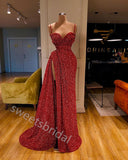 Red Sparkly Sweetheart Sleeveless Side Slit Mermaid Floor Length  Prom Dress,SWS2276