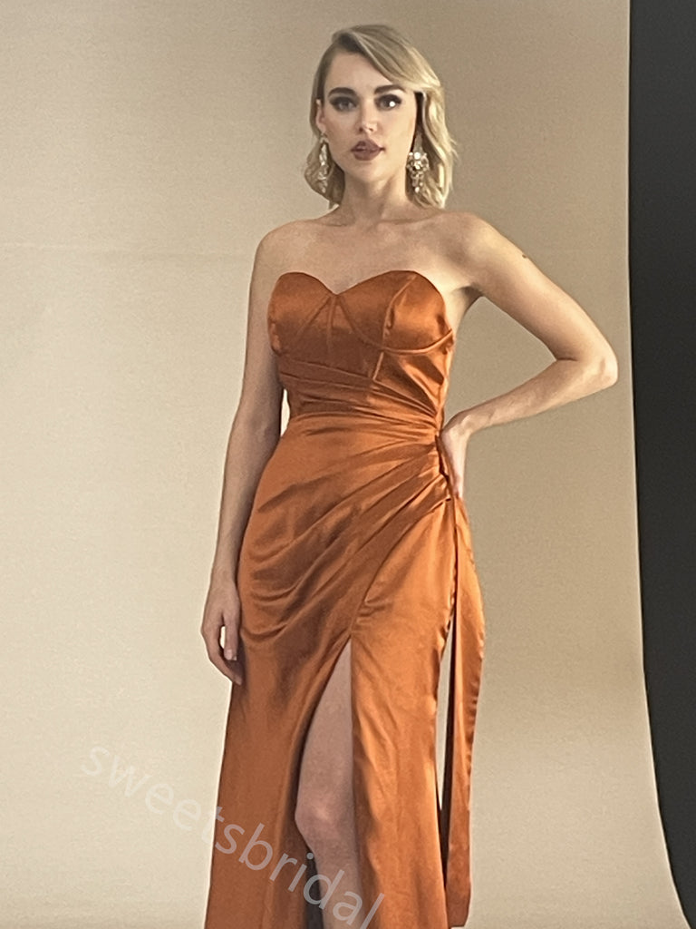 Burnt Orange Sweetheart Side Slit Sheath Long Bridesmaid Dresses, SWE1424