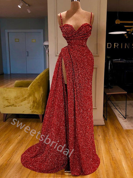 Red Sparkly Sweetheart Sleeveless Side Slit Mermaid Floor Length  Prom Dress,SWS2276
