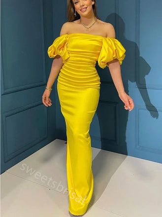 Yellow Off Shoulder Sleeveless Mermaid Floor Length Prom Dress,SWS2207