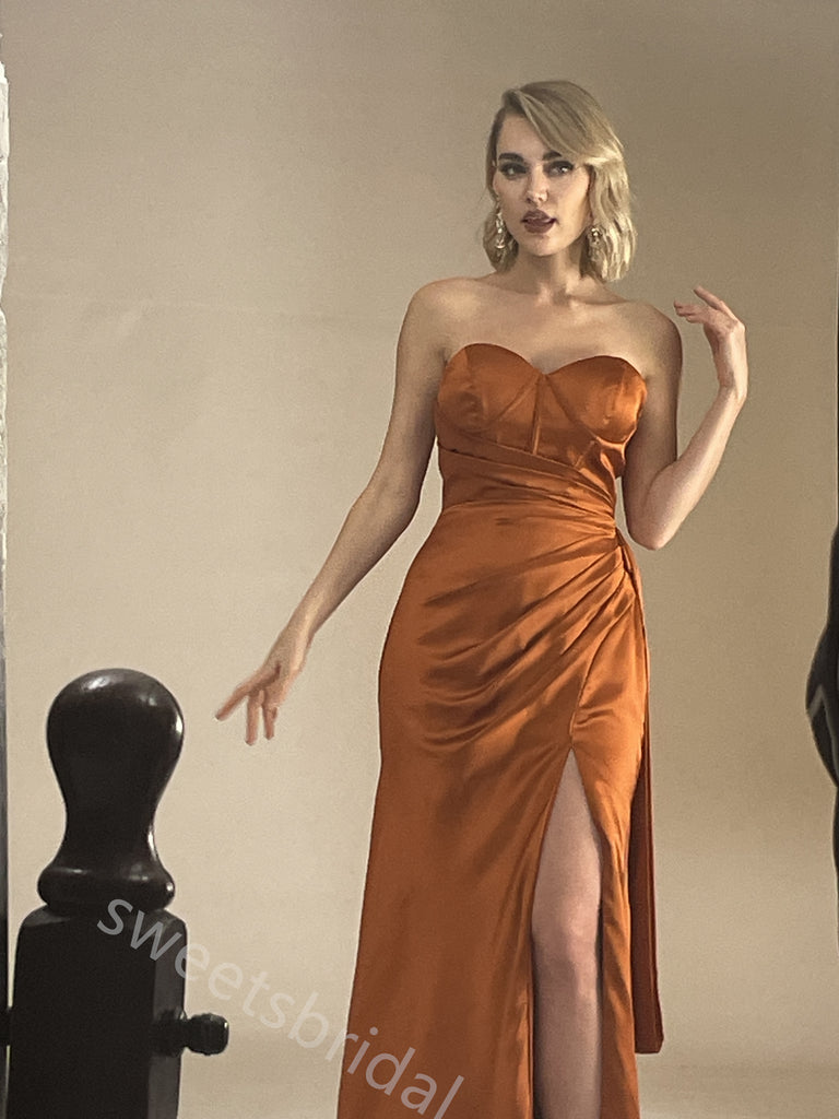 Burnt Orange Sweetheart Side Slit Sheath Long Bridesmaid Dresses, SWE1424