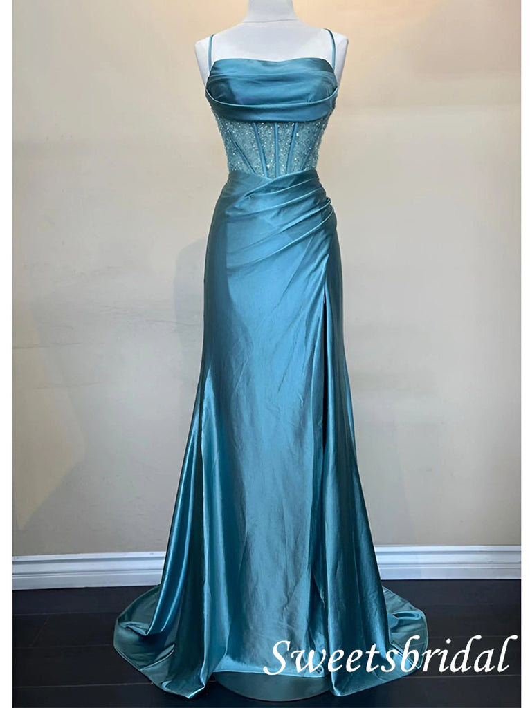 Elegant Spaghetti Straps Sleeveless Side Slit Mermaid Floor Length Prom Dress,SWS2543