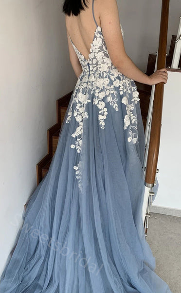 Elegant V-neck Spaghetti Straps A-line Floor length Prom Dress,SWS2163