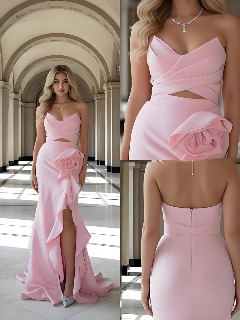 Cute Pink Strapless Ruffle Side Slit Sleeveless Mermaid Floor Length Prom Party Dress,SWS2587