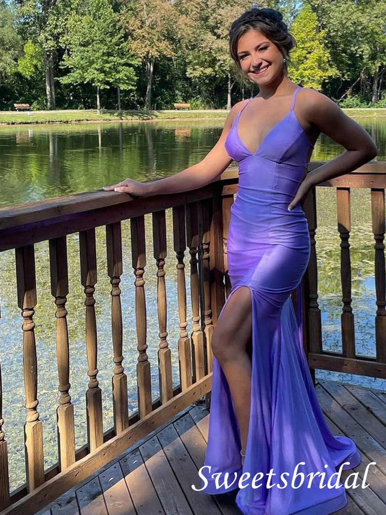 Purple V-neck Sleeveless Side Slit Mermaid Floor Length Prom Dress,SWS2544