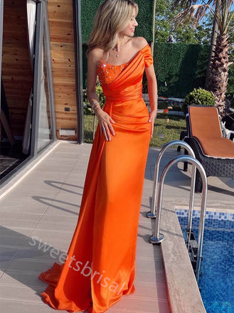 Orange One Shoulder Sleeveless Mermaid Floor Length Prom Dress,SWS2205