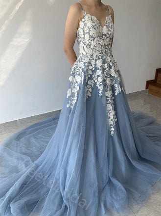 Elegant V-neck Spaghetti Straps A-line Floor length Prom Dress,SWS2163