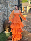 Orange Long Sleeves Ruffle A-line Long Floor Length Prom Dress,SWS2370